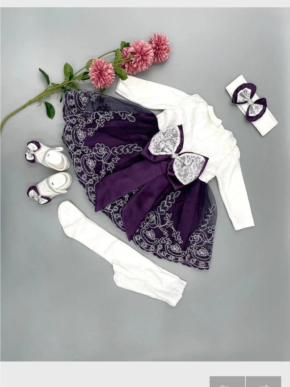 Purple & White Lace Bow Baby Dress Set